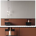 Bedroom Accent Wall With Vertical Stripes Pendant Lights And Cabinets 3d model
