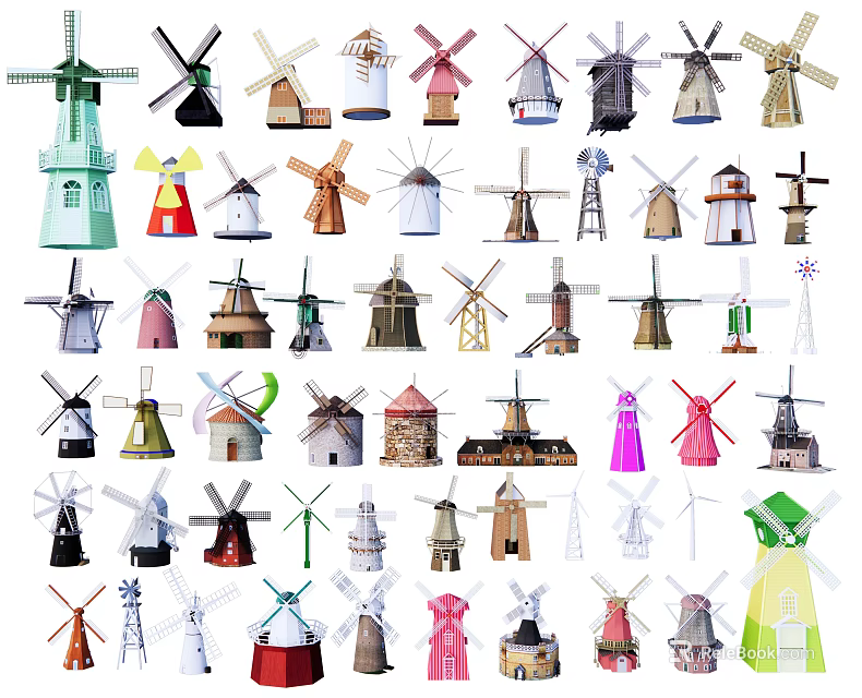 Diverse Colorful Windmill Architectural Components In Various Styles And Designs 3d model 