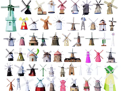 Diverse Colorful Windmill Architectural Components In Various Styles And Designs 3d model