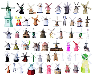 Diverse Colorful Windmill Architectural Components In Various Styles And Designs 3d model