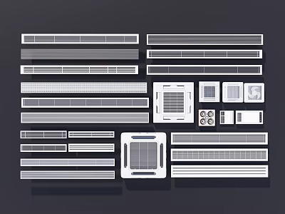 Various Air Conditioner Fan Designs With Grilles Panels And Control Components 3d model
