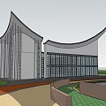 Modern Building With Unique Curved Roof In Waterfront Green Landscape Area