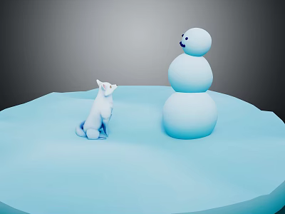 Child Playing With Snowman And White Kitten On Blue Snowy Ground 3d model