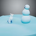 Child Playing With Snowman And White Kitten On Blue Snowy Ground