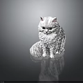 White Long Haired Cat Statue With Green Eyes Sitting On Dark Background 3d model