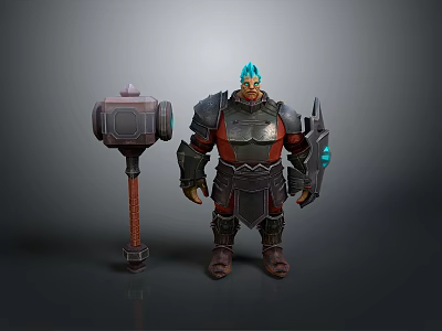 Fantasy Style 3D Man With Blue Hair Wearing Armor And Holding Large Hammer 3d model