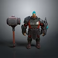 Fantasy Style 3D Man With Blue Hair Wearing Armor And Holding Large Hammer