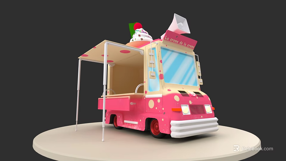 Pink And Beige Ice Cream Truck With Cone On Top And Blue Windows 3d model 