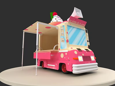 Pink And Beige Ice Cream Truck With Cone On Top And Blue Windows 3d model