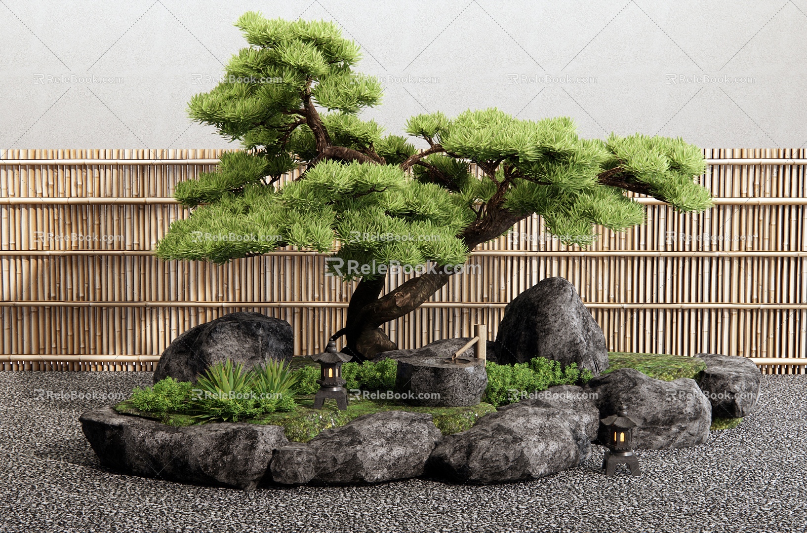 New Chinese Style Pine Stone Courtyard Scrib Landscape Landscape Courtyard Micro Landscape Water Bowl Fence 3d model