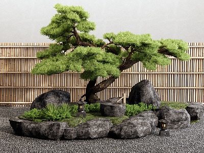 New Chinese Style Pine Stone Courtyard Scrib Landscape Courtyard Micro Landscape Water Bowl Fence 3d model