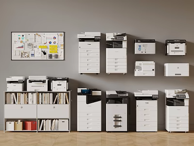 Workplace Office Equipment Display Featuring White Machines Filing Cabinets and Notice Board 3d model