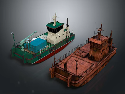 Modern Green Red Watercraft With Cabins Blue Containers And Rusted Brown Deck Vintage Vessel 3d model