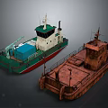 Modern Green Red Watercraft With Cabins Blue Containers And Rusted Brown Deck Vintage Vessel