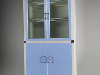 Practical Storage Cabinet With Glass Upper Doors Shelves Blue Lower Doors And Metal Handles Structure 3d model