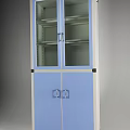 Practical Storage Cabinet With Glass Upper Doors Shelves Blue Lower Doors And Metal Handles Structure