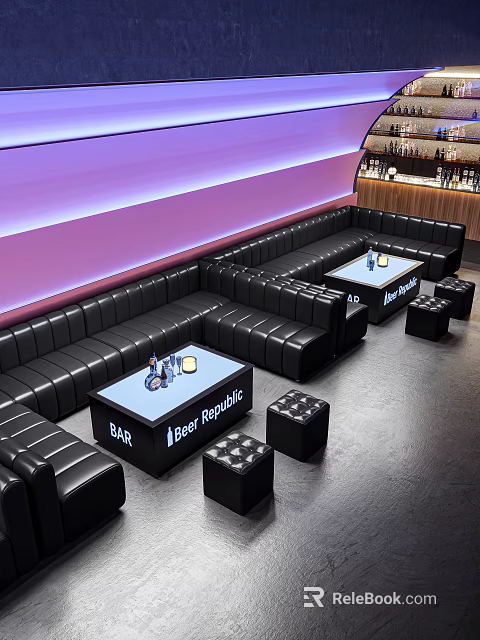 Modern Bar Lounge With Black Leather Sofas Square Tables Purple Lighting And Bar Counter 3d model 