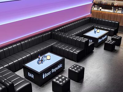 Modern Bar Lounge With Black Leather Sofas Square Tables Purple Lighting And Bar Counter 3d model