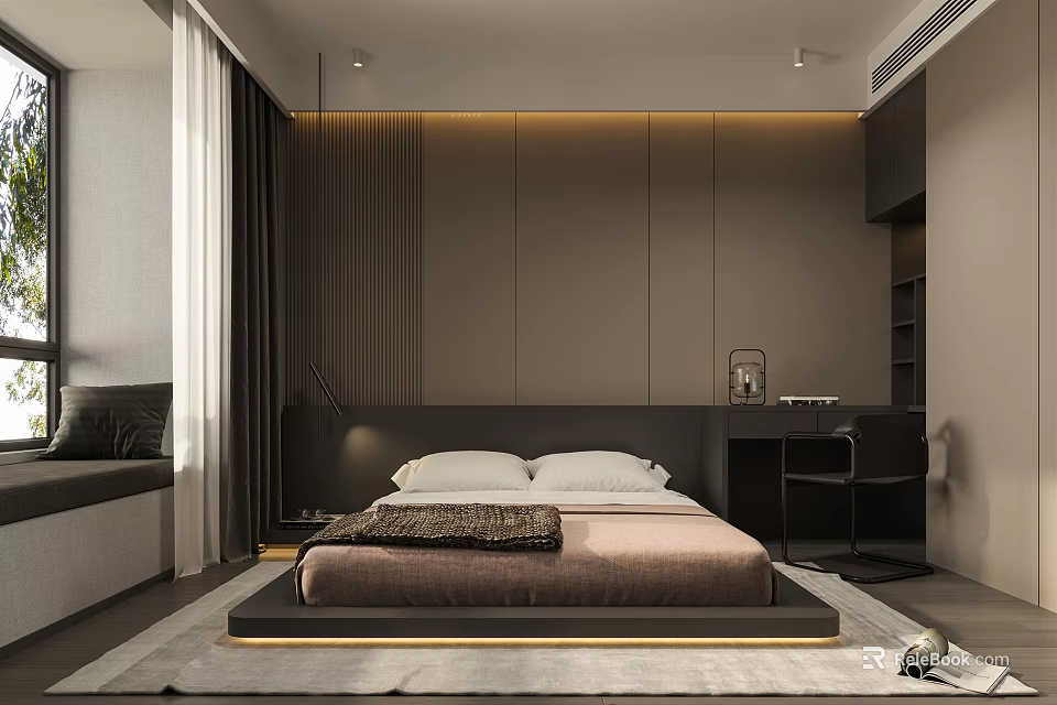 Modern Bedroom Interior Design With Platform Bed Wall Paneling And Ambient Lighting 3d model