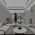 Modern Living and Dining Room With Beige Sofa White Coffee Table Green Plants TV Wall