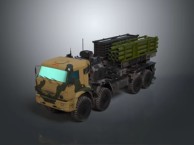 Military Truck Equipped With Missile Launcher System Camouflage Design And Multi Wheel Drive 3d model