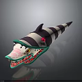 Purple And White Striped Creature Head With Pointed Ears Red Yellow Eyes And Sharp Teeth