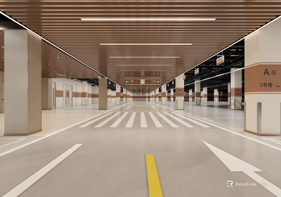 Spacious Parking Garage Interior With White Lane Markings Yellow Divider Line Wooden Ceiling And Lighting 3d model 