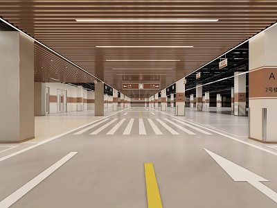Spacious Parking Garage Interior With White Lane Markings Yellow Divider Line Wooden Ceiling And Lighting 3d model