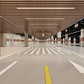 Spacious Parking Garage Interior With White Lane Markings Yellow Divider Line Wooden Ceiling And Lighting