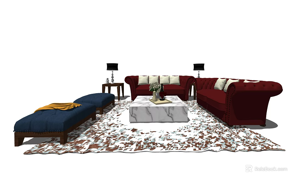 Cozy Sofa and Coffee Table Set with Red Sofas Table Lamps Blue Ottoman and Patterned Rug 3d model