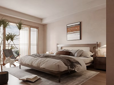 Serene Bedroom Interior With Wooden Bed Frame White Linens Nightstand Lamp And Wall Art 3d model