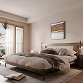 Serene Bedroom Interior With Wooden Bed Frame White Linens Nightstand Lamp And Wall Art