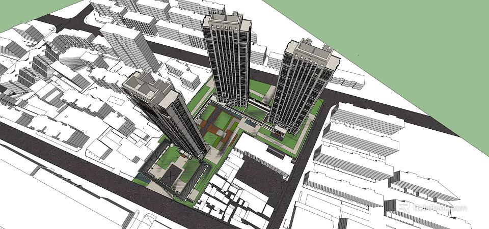 High Rise Residential Buildings Featuring Central Green Courtyard In Urban Setting 3d model 
