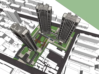 High Rise Residential Buildings Featuring Central Green Courtyard In Urban Setting 3d model