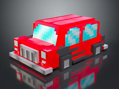 Red Blocky Pixel Art Car With Blue Windows And Front Grille 3d model