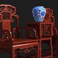 Traditional Chinese Redwood Carved Furniture Set With Chairs Side Table And Blue White Vase