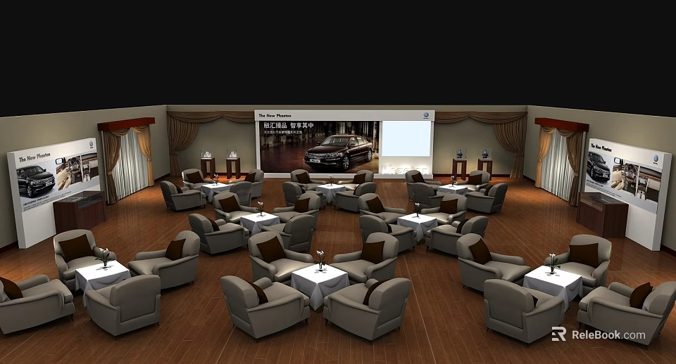 Elegant Showroom Interior With Gray Sofas Small Round Tables Large Screen And Car 3d model 