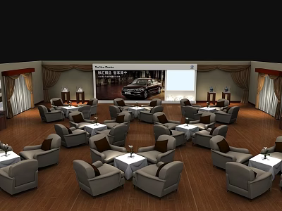 Elegant Showroom Interior With Gray Sofas Small Round Tables Large Screen And Car 3d model