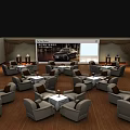 Elegant Showroom Interior With Gray Sofas Small Round Tables Large Screen And Car