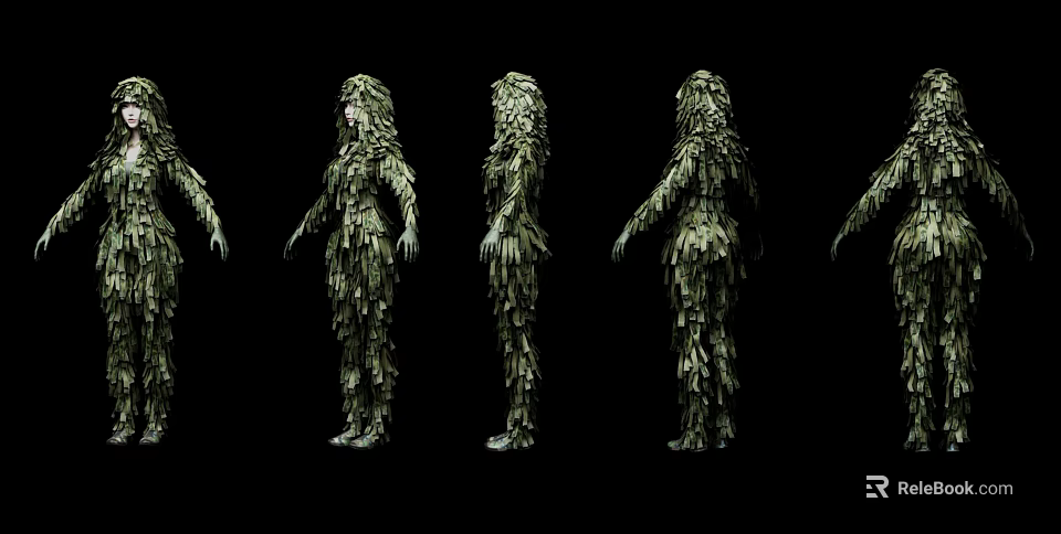 Woman Figure Composed of Leaves in Multiple Angles with Green Color and Black Background 3d model 