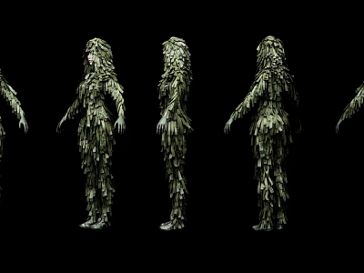 Woman Figure Composed of Leaves in Multiple Angles with Green Color and Black Background 3d model