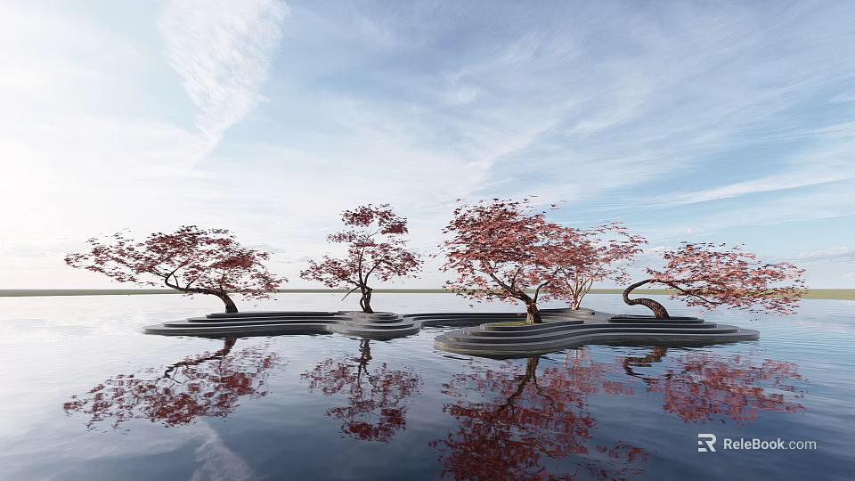 Several Red Leaf Arbor Trees On Wavy Platforms With Water Reflections Under Blue Sky 3d model 