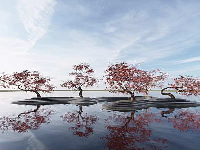 Several Red Leaf Arbor Trees On Wavy Platforms With Water Reflections Under Blue Sky 3d model