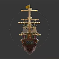 Red Wooden Ship Model With Masts Sails And Decorative Details