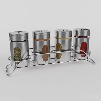 Stainless Steel Spice Jars Set Of Four With Various Spices On Metal Kitchen Rack 3d model