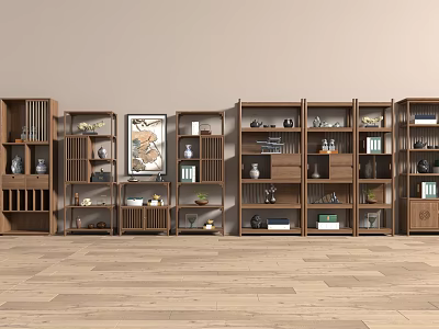Traditional Chinese Wooden Curio Shelves Displaying Antiques Vases Books And Decorative Items 3d model