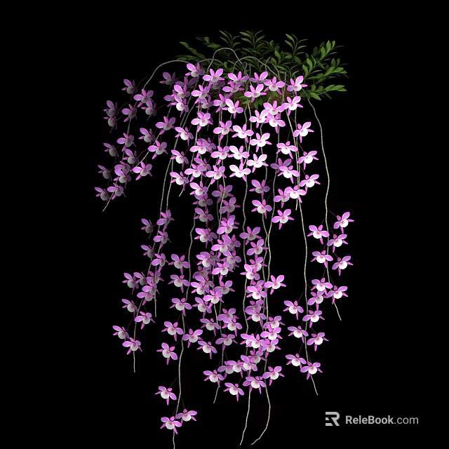 Beautiful Purple Hanging Flowers With Cascading Petals And Green Leaves 3d model 