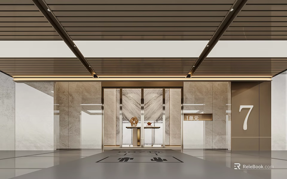 Elegant Modern Parking Garage Entrance With Marble Walls And LED Lighting Directional Signage 3d model 