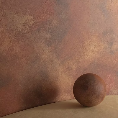 Rusty Brown Metallic Sphere On Wooden Surface With Textured Wall Background 3d model