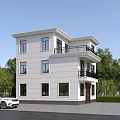 Two Story White Single Family House With Black Balcony Brown Door And Green Trees
